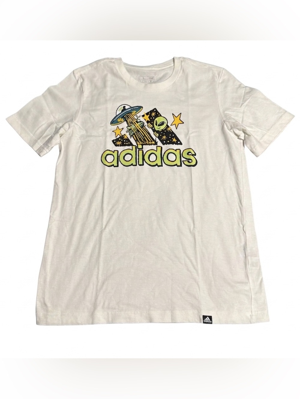 adidas White Tee with Neon Green Alien & UFO Graphic